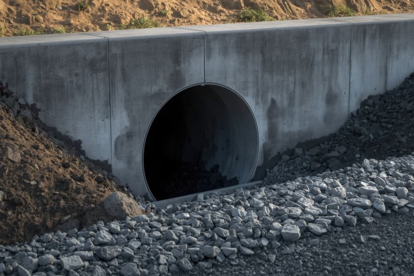 A concrete headwall at a culvert outlet in a drainage channel